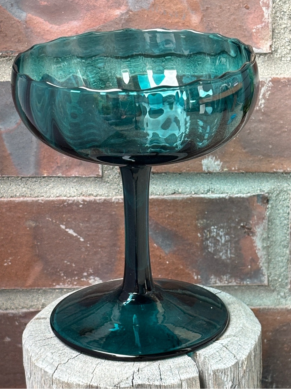 Vintage Empoli Glass Peacock Blue Pedestal Compote